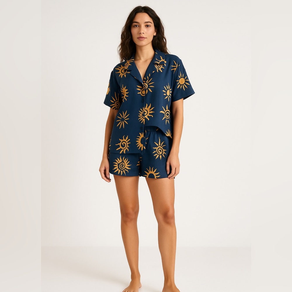 Navy and Gold Sun Print Women's Pajama Set NWT